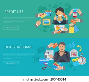 Credit life horizontal banner set with debts on loans flat elements isolated vector illustration