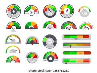 Credit limit gauges. Score indicators, speedometer scales with arrows, loan ceiling level, financial rating meter. Vector illustration set for finance, mortgage, measurement concept svg