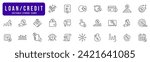 Credit line icon set. Percent, loan, rate, graph, mortgage, increase, low, growth etc. Editable stroke