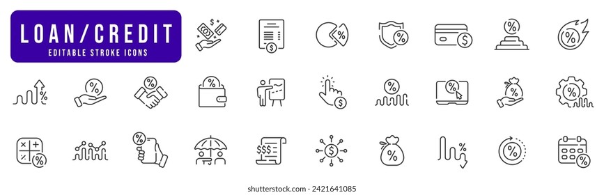 Credit line icon set. Percent, loan, rate, graph, mortgage, increase, low, growth etc. Editable stroke