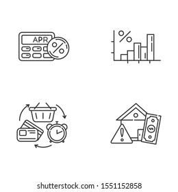 Credit linear icons set. Annual percentage rate calculator. Income increase, budget infographoc. Revolving credit. Thin line contour symbols. Isolated vector outline illustrations. Editable stroke