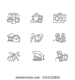 Credit linear icons set. Borrowing from retirement. Student loan debt. Paying for university. Revolving credit. Thin line contour symbols. Isolated vector outline illustrations. Editable stroke