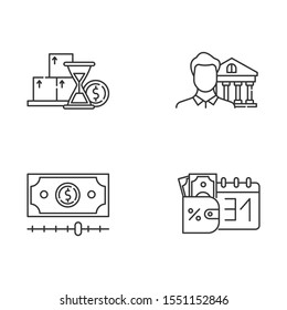 Credit linear icons set. Monthly icome increase report. Personal loan. Credit manager. Budget chart. Cash advance. Thin line contour symbols. Isolated vector outline illustrations. Editable stroke