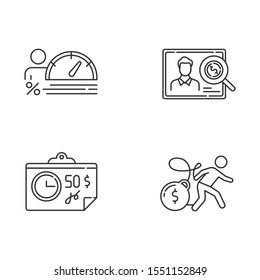 Credit linear icons set. Personal creditworthiness report. Bunkrapcy risk. Tax sheet with price. Credit card debt. Thin line contour symbols. Isolated vector outline illustrations. Editable stroke