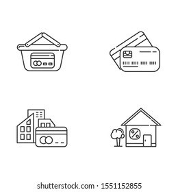 Credit Linear Icons Set. Retail, Consumerism. Paying With Credit Card. Small Business. Rent House. Borrow, Loan Money. Thin Line Contour Symbols. Isolated Vector Outline Illustrations. Editable Stroke