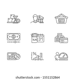 Credit linear icons set. Small business loan. Annual percentage rate calculator. Income increase infographic. Thin line contour symbols. Isolated vector outline illustrations. Editable stroke