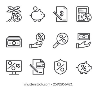 Credit and loan bank line icon isolated set. Vector flat cartoon graphic design