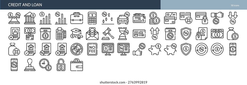 Credit And Loan Borrowing Lending Debt Financing Mortgage Interest Rate Icons Collection