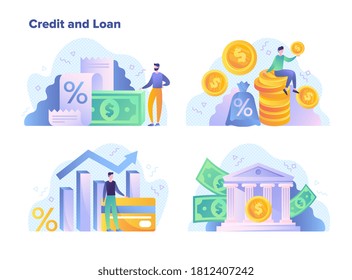 Credit and loan facilities for financial goals concept showing money, interest rates, statistical performance graphs, banking and success, colored vector illustration