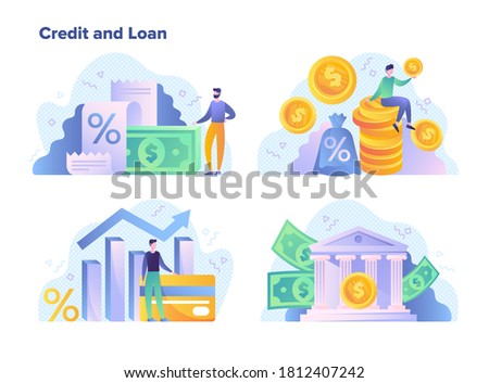 Credit and loan facilities for financial goals concept showing money, interest rates, statistical performance graphs, banking and success, colored vector illustration