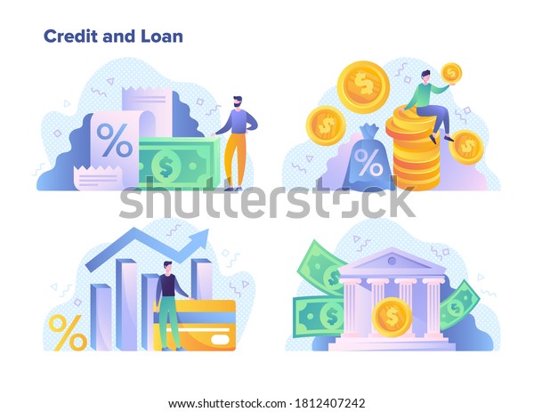 Credit and loan\
facilities for financial goals concept showing money, interest\
rates, statistical performance graphs, banking and success, colored\
vector illustration
