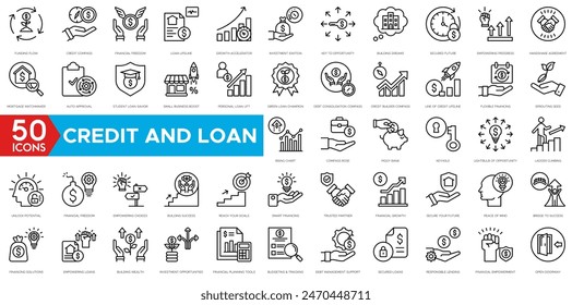 Credit And Loan icon. Funding Flow, Credit Compass, Financial Freedom, Loan Lifeline, Growth Accelerator ,Investment Ignition and Key to Opportunity