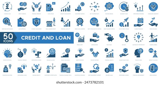 Icono de Crédito y préstamo. Flujo de financiación, Brújula de crédito, Libertad financiera, Línea de vida del préstamo, Acelerador de crecimiento, Encendido de la inversión y Clave de oportunidad