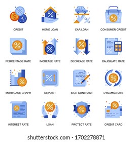 Credit and loan icons set in flat style. Home loan, mortgage graph, credit card and deposit, consumer credit, sign contract and calculate rate signs. Banking service pictograms for UX UI design.