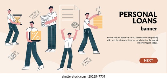 Credit and loan money facilities approval Bank credit program business concept. Loan disbursement, quick service. Banking team, people working together. Flat vector illustration, web banner template