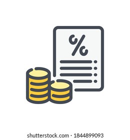 Credit and loan processing color line icon. Financial document with percentage and stack of coins vector outline colorful sign.