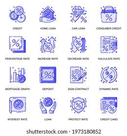 Credit and Loan web flat line icons set. Pack outline pictogram of bank services, home loan, deposit, mortgage, consumer credit concept. Vector illustration of symbols for website mobile app design