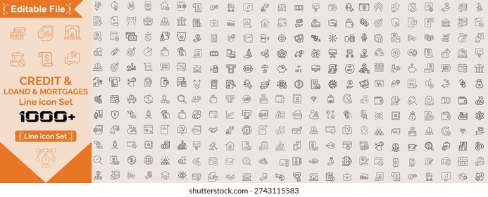 Credit Loans line icon set. Minimalist Loan And Financing line icons set editable stroke, featuring mortgage, bank, calculator, cars, deposit, convenience loan, applicant, interest rate, loan payday.