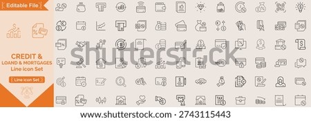 Credit Loans line icon set. Minimalist Loan and Financing line icons set editable stroke, featuring mortgage, bank, calculator, cars, deposit, convenience loan, applicant, interest rate, loan payday.