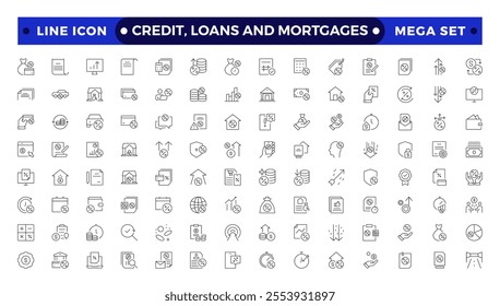 Credit, Loans and Mortgages web icons in outline style. Credit card, deposit, car leasing, rate interest, calculator, income, rating, collection. Containing bank, advisor, money, insurance, icon. 
