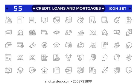 Credit, Loans and Mortgages web icons in outline style. Credit card, deposit, car leasing, rate interest, calculator, income, rating, collection. Containing bank, advisor, money, insurance, icon. 
