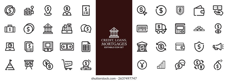 Credit, Loans and Mortgages web icons in outline style. Credit card, deposit, car leasing, rate interest, calculator, income, rating, collection. Editable stroke outline icon