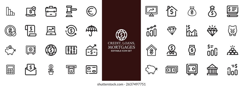 Credit, Loans and Mortgages web icons in outline style. Credit card, deposit, car leasing, rate interest, calculator, income, rating, collection. Editable stroke outline icon