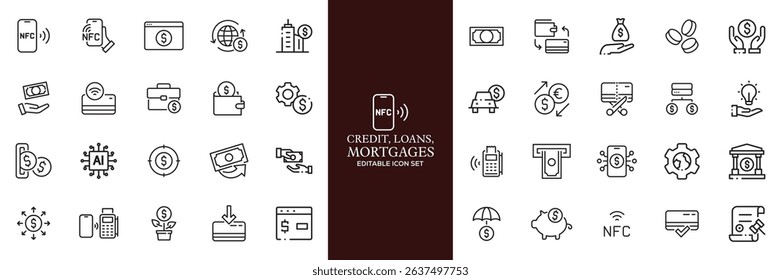 Credit, Loans and Mortgages web icons in outline style. Credit card, deposit, car leasing, rate interest, calculator, income, rating, collection. Editable stroke outline icon