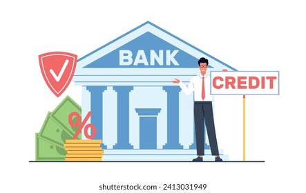 Credit manager of bank invites to bank to get loan. Building and stack of coins, cash and shield. Male financial consultant. Protect money, save wealth, cartoon isolated vector concept