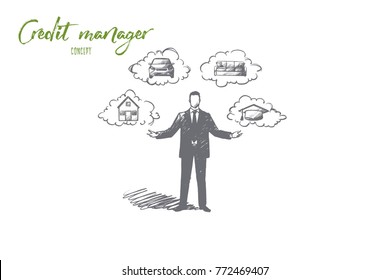 Credit manager concept. Hand drawn person proposes credits for buying house or car. Opportunities through credit isolated vector illustration.