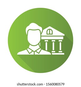 Credit manager green flat design long shadow glyph icon. Customer service male worker. Economy industry. Bank building. Opening a credit account, make investment. Vector silhouette illustration