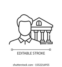 Credit manager linear icon. Professional businessman. Customer service male worker. Economy, finance industry. Thin line illustration. Contour symbol. Vector isolated outline drawing. Editable stroke