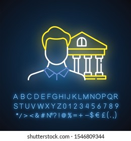 Credit manager neon light icon. Professional businessman. Customer service. Economy, finance industry. Bank building. Glowing sign with alphabet, numbers and symbols. Vector isolated illustration