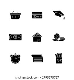 Credit money black glyph icons set on white space. Online shopping. Student scholarship. Credit to buy house. Monetary gain. Financial benefit. Silhouette symbols. Vector isolated illustration