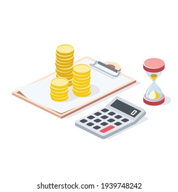 Credit money coins, calculator, stroke illustration. Vector 3d line isometric, color web icons, new flat style. Creative design idea for infographics.