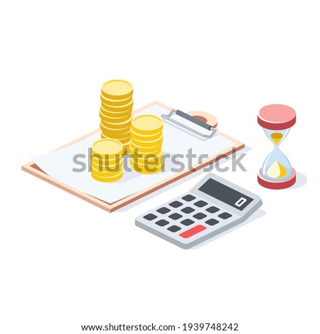 Credit money coins, calculator, stroke illustration. Vector 3d line isometric, color web icons, new flat style. Creative design idea for infographics.