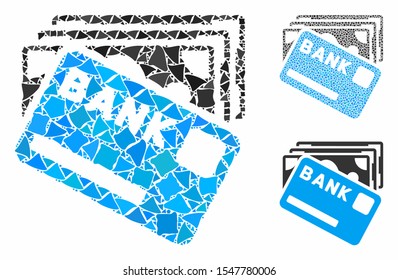 Credit money composition of irregular elements in various sizes and shades, based on credit money icon. Vector humpy elements are grouped into collage. Credit money icons collage with dotted pattern.