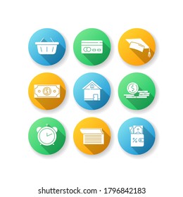 Credit money flat design long shadow glyph icons set. Online shopping. Student scholarship. Monetary gain. Cash for purchase. Gold coin. Financial benefit. Silhouette RGB color illustration