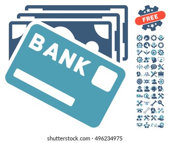 Credit Money icon with bonus tools pictogram. Vector illustration style is flat iconic bicolor symbols, cyan and blue colors, white background.