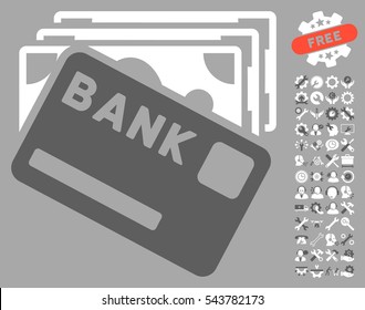 Credit Money icon with bonus tools graphic icons. Vector illustration style is flat iconic bicolor symbols, dark gray and white colors, silver background.