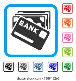 Credit Money icon. Flat gray pictogram symbol inside a light blue rounded rectangular frame. Black, gray, green, blue, red, orange color additional versions of Credit Money vector.