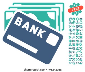 Credit Money pictograph with bonus tools clip art. Vector illustration style is flat iconic bicolor symbols, cobalt and cyan colors, white background.