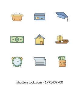 Credit money RGB color icons set. Online shopping. Student scholarship. Credit to buy house. Monetary gain. Cash for purchase. Gold coin. Financial benefit. Isolated vector illustrations