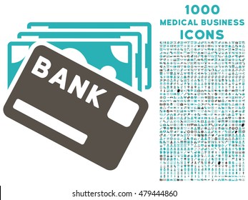 Credit Money vector bicolor icon with 1000 medical business icons. Set style is flat pictograms, grey and cyan colors, white background.