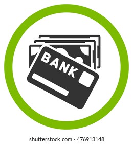 Credit Money vector bicolor rounded icon. Image style is a flat icon symbol inside a circle, eco green and gray colors, white background.