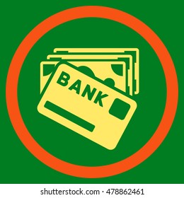 Credit Money vector bicolor rounded icon. Image style is a flat icon symbol inside a circle, orange and yellow colors, green background.