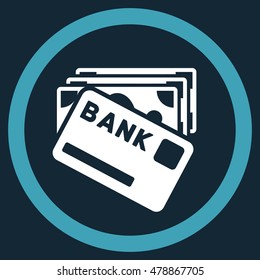 Credit Money vector bicolor rounded icon. Image style is a flat icon symbol inside a circle, blue and white colors, dark blue background.