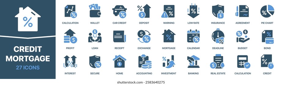 Credit and mortgage colored signed icon collection. Calculation, loan, bond, accounting icons. UI icon set. Colored icons pack. Vector illustration