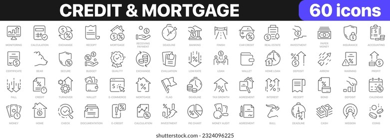 Credit and mortgage line icons collection. Loan, banking, money, calculation icons. UI icon set. Thin outline icons pack. Vector illustration EPS10