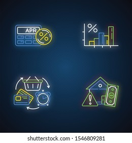 Credit neon light icons set. Annual percentage rate calculator. Income increase, budget infographoc. Trading. Revolving credit. House mortrage risk. Glowing signs. Vector isolated illustrations